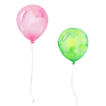 Green and pink balloons; watercolor hand draw illustration; with white isolated background