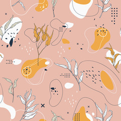 Abstract seamless pattern with branches of leaves and plants, lines and round shapes. Delicate skin color, mustard, beige and navy blue.