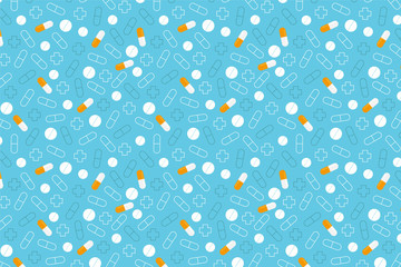 Yellow and white pills pattern. Blue medical background