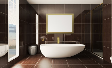 Spacious bathroom in gray tones with heated floors, freestanding tub. 3D rendering.