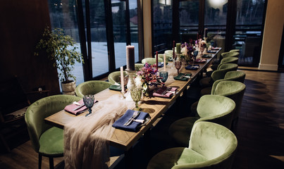 Decoration of holiday table for wedding dinner. Wedding decor