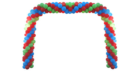 Event arch of red, green, blue, yellow baloons isolated on white background