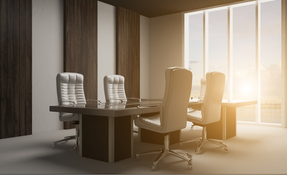 office cabinet with wood paneling on the walls. meeting with company leaders.. 3D rendering.. Sunset