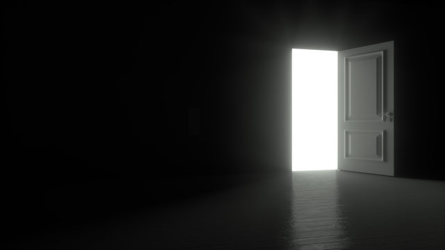 Door in a dark room opens and fills the space with bright white light in 4K resolution. 3D render animation of opening door.