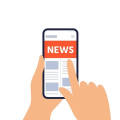Reading news on a mobile phone. Smartphone with newspaper, news site. Vector flat design elements for web banner, website, infographic.