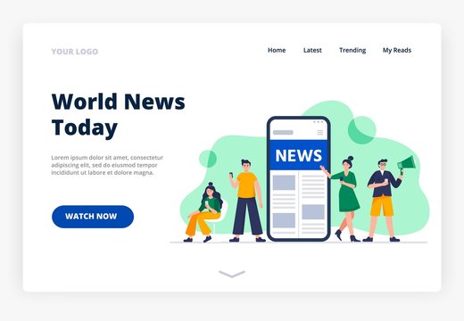 A landing page with an online news concept. Modern young men and women use smartphones to read the news. People standing near a big smartphone with the news page. Vector flat illustration.