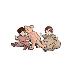 Infant twins brother and sister play with teddy bear. 