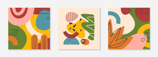 Obraz premium Set of creative universal artistic cards.Modern vector illustrations with hand drawn organic shapes and textures.Trendy contemporary design for prints,flyers,banners,brochures,invitations,covers.