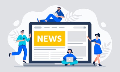 Online news. Modern young men and women use smartphones to read news. Use mobile phones. tablet and laptop to read news. Vector flat concept illustration for banner, sites, apps.