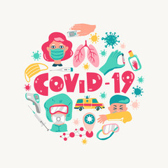 Coronavirus vector cartoon round illustration. Symptoms, equipment and characters. COVID-2019.