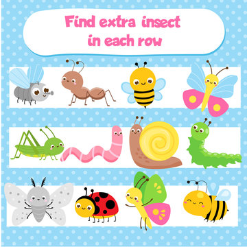 Educational children game for kids and toddlers. What does not fit logic game. Find odd one, extra object. Insect theme