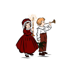 Boy and girl celebrate Christmas. Girl dressed in red ball gown holds candlestick with burning candle. Boy play in trumpet music. Children in folk costumes. 