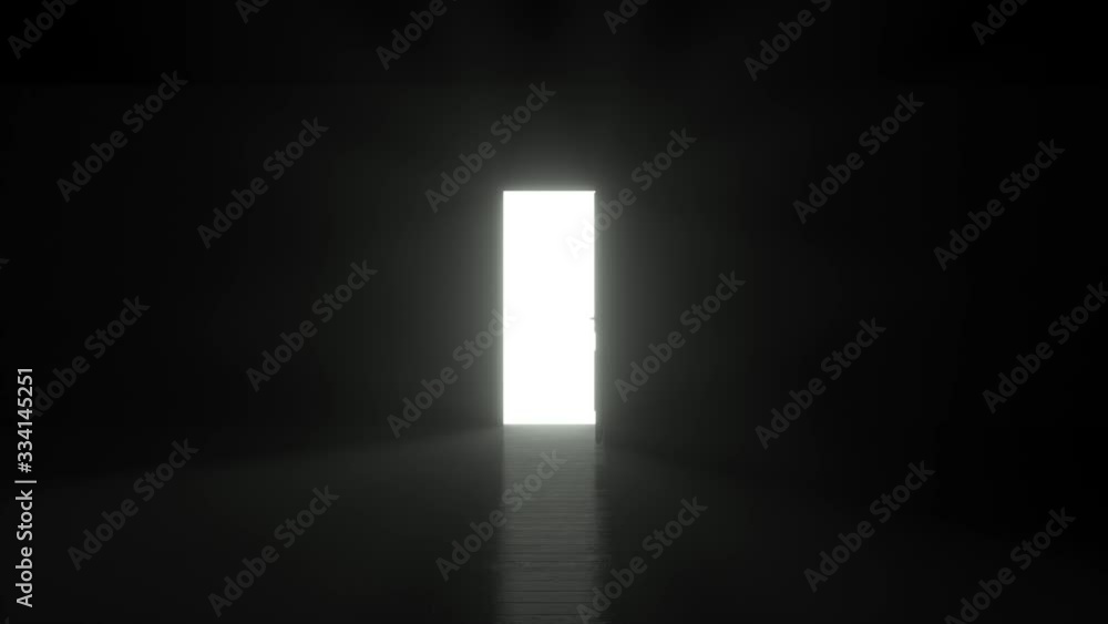 Poster light shines from door opening in dark room. fills the space with bright white light in 4k resolutio