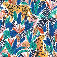 Küchenrückwand glas motiv Sammlungen Gepard mit Palmblättern exotisches nahtloses Muster. Sommerparadies im tropischen Dschungel mit wilden Tieren und fantastischen Blumen.