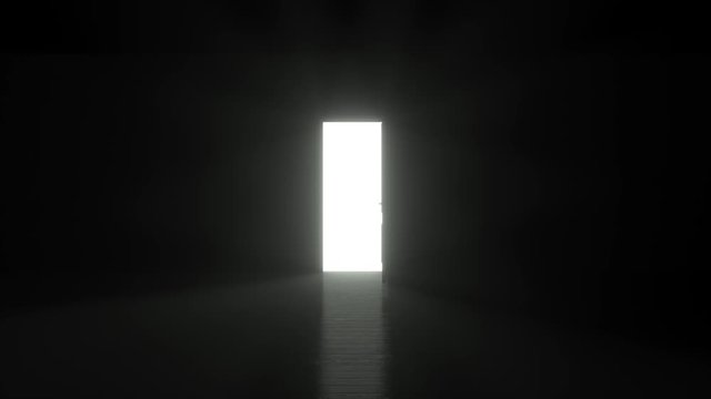 Light shines from door opening in dark room. Fills the space with bright white light in 4K resolution. 3D render animation  
