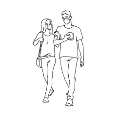 Young couple in medical masks bought the last roll of toilet paper in the midst of a coronavirus epidemic. Covid-19 concept. Vector illustration in simple line art style isolated on white background