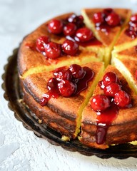 Cottage cheese casserole with cherry sauce on a plate on a gray background