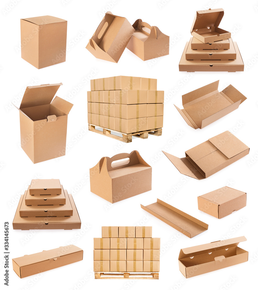 Wall mural big set of cardboard boxes, takeaway package for pizza, cake, fast food. pallet. open and close box.