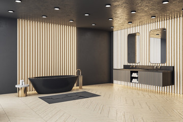 Contemporary bathroom room with decorative wooden wall