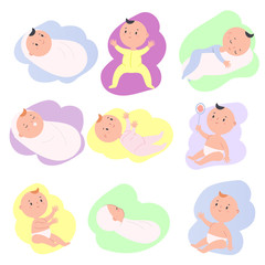 Toddlers set. Cartoon baby in different positions. Newborn child, little Kid sleep, sit, play