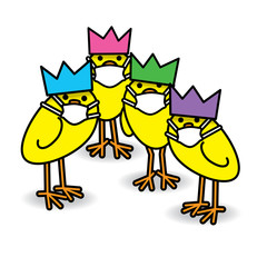 Four Cute Party Chicks with Hat and Medical Masks