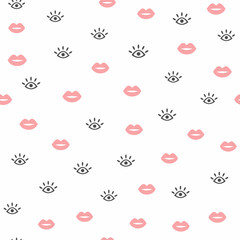 Seamless pattern with repeating eyes and lips. Cute girly print. Flat vector illustration.