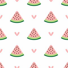 Cute seamless pattern with hearts and watermelon slices. Simple girly print. Vector illustration.