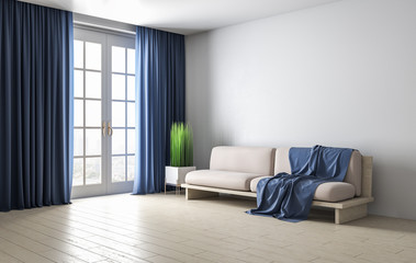 Modern living room with sofa, curtains and window.