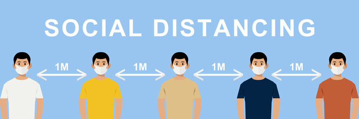 social distancing concept.people wearing mask and standing away from covid-19,keeping dintance 1 meter illustrator vector