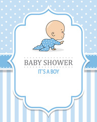 Baby shower card. Crawling boy. Frame with space for text	
