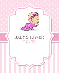 Baby shower card. Crawling girl. Frame with space for text	
