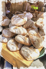 Imitation of a picture. Oil paint. Illustration. Fresh bread