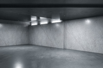 Clean concrete interior with lamps on ceiling,