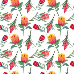 Hand drawing seamless watercolor floral patterns with protea rose, leaves, branches and flowers. Bohemian gold pink pattern prorea. Background for greeting wedding card.