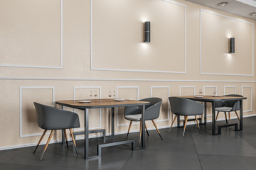 Minimalistic cafe room with dishware and copy space on wall.