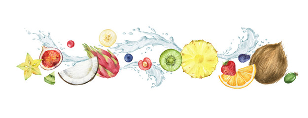 Watercolor vector composition with fresh fruit and water splashes.