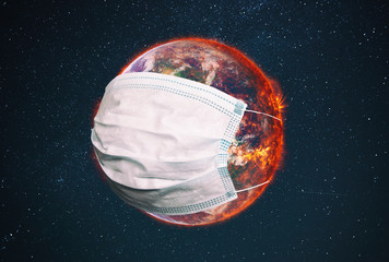 The planet earth is wearing a protective mask in the space. Concept of quarantine, protection from viruses and pandemic. Elements of this image furnished by NASA - obrazy, fototapety, plakaty