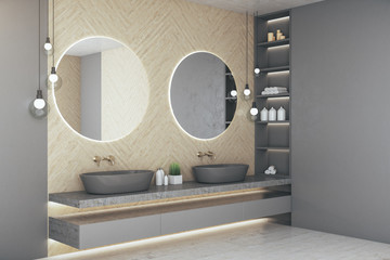Cozy loft bathroom interior with two mirror