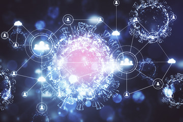 Blue microorganism coronavirus 2019-nCov and remote work hologram