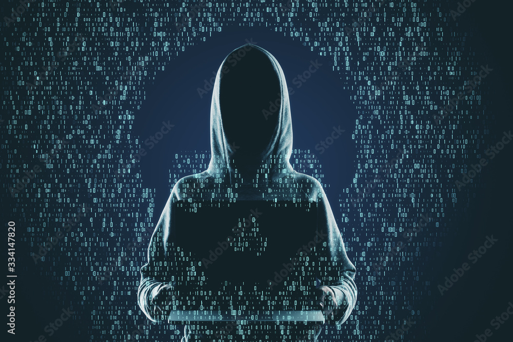 Aufkleber hacker holding laptop with abstract skull shape.