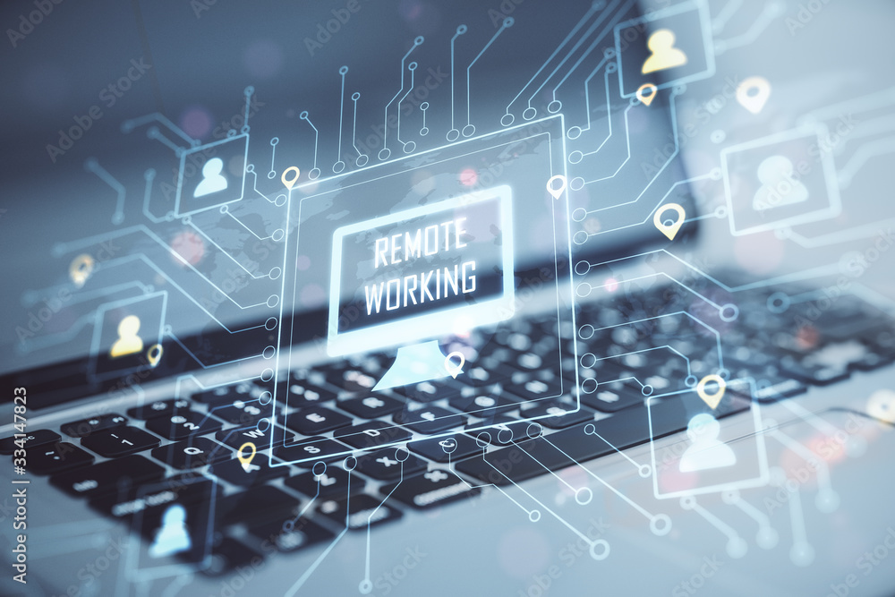 Poster laptop in workplace with remote work interface.