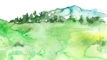 Watercolor picture of mountains, forest with pine trees, fir, cedar. Abstract vintage spots of green. On a white background. Postcard, picture, poster, logo. Country forest landscape, pasture © helgafo