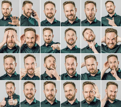 Set of handsome man with different emotions and gestures