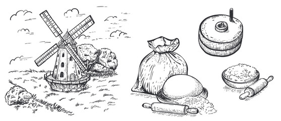 Set of flour, hand mill, windmill, wheat, grain, ingredients. Hand drawn vector illustration. Engraving style. Big set. © Tatyana Sidyukova