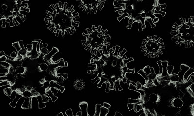 COVID-19, coronavirus 3D illustration black and white outbreak. medical health risk concept with disease cell.