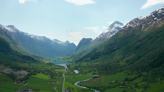 Aerial view of an amazing valley near Briksdalsbreen glacier in Norway