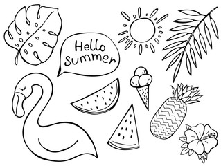 Set of summer doodles - flamingo, monstera leaf, ice cream, watermelon, pineapple isolated on white. Vector illustration. Perfect for greeting card, postcard, print, coloring book.