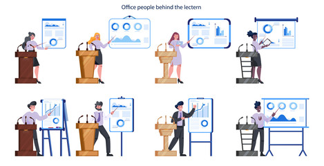 Business people standing behind a lectern. Office worker perform