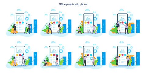 Business woman and man with mobile phone set. Collection of female
