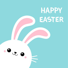 Happy Easter Bunny rabbit face head in the corner. Cute kawaii cartoon funny smiling baby character. White farm animal. Blue background. Isolated. Flat design.